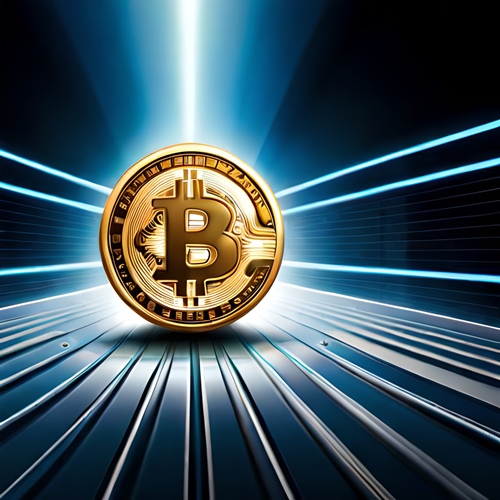 Une pièce de bitcoin dans des rayons de lumières bleues